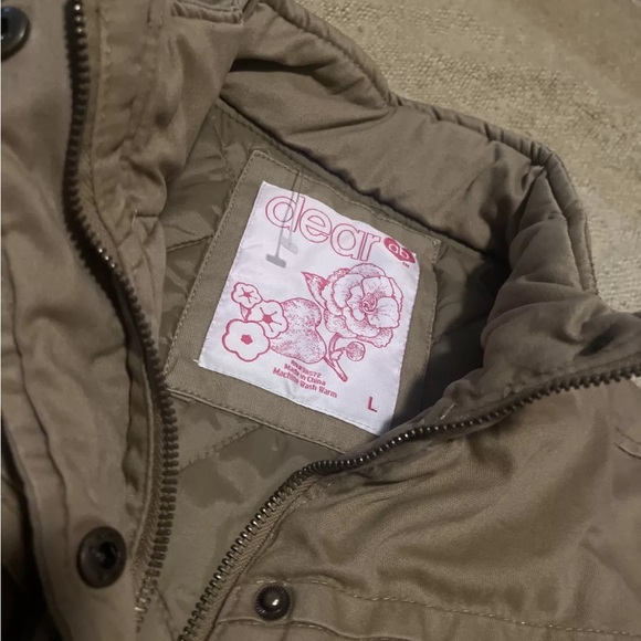 dear ab jacket Juniors L Tan Bomber Style Fitted Missing Hoodie Quilted Lining - Picture 2 of 8